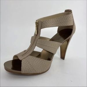 Michael Kors Berkley T-Strap Leather Open-Toe Beige Heeled Sandals - Size 7M